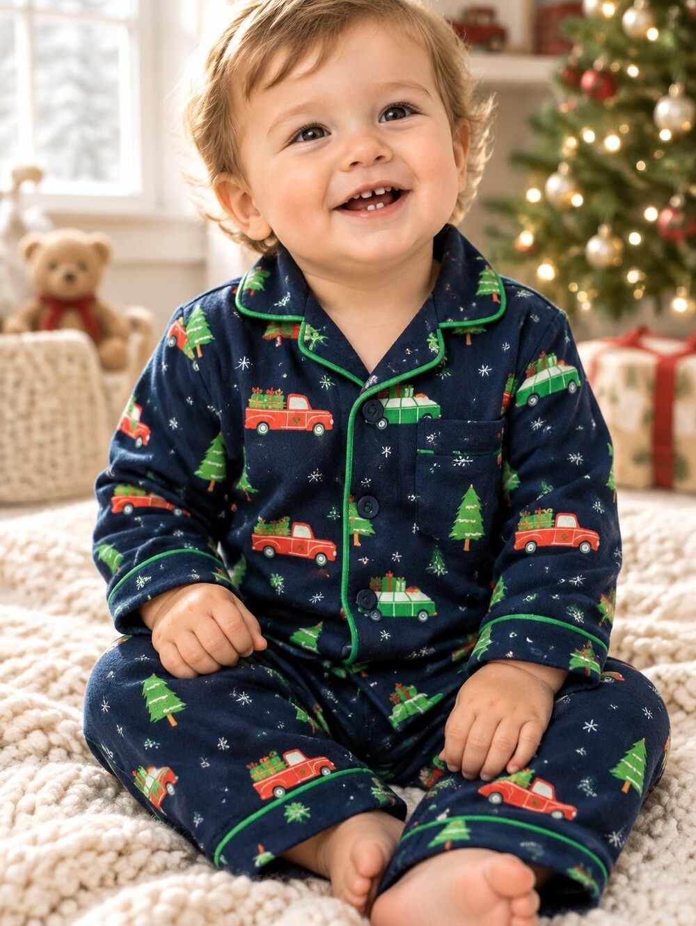 Christmas Navy Blue Car/Trucks Flannel Pajamas Baby 18M Matching PJs Sleep Set